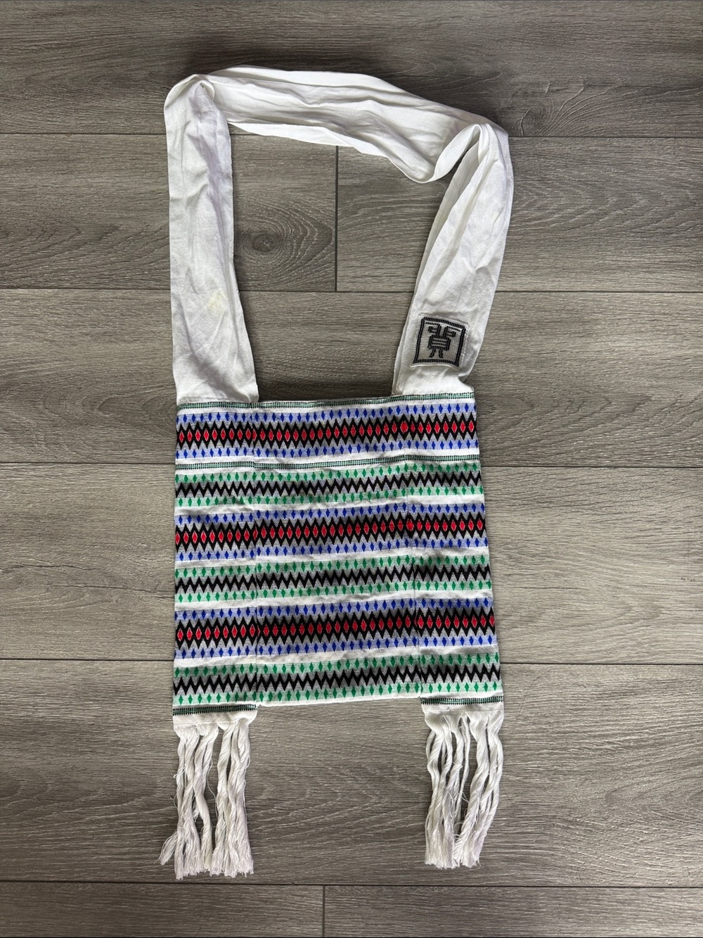 Woven Fringe Crossbody Bag with Multicolor Diamond Stripes